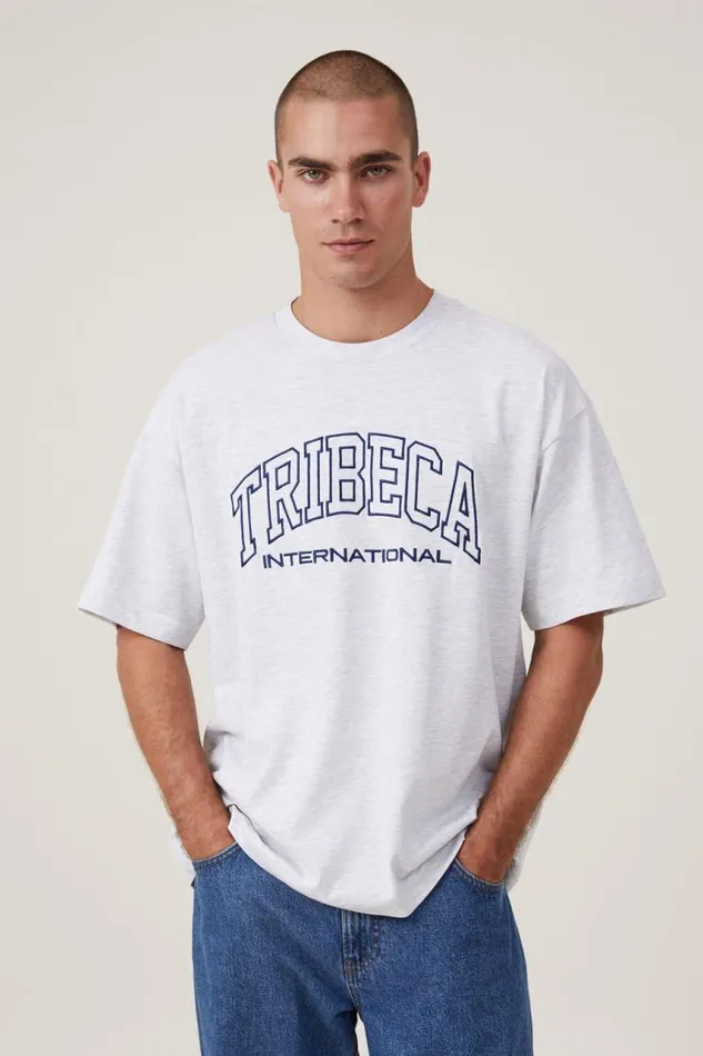 Cotton On Tees and Tanks Box Fit College TShirt White Marle Tribeca International 8211 Men