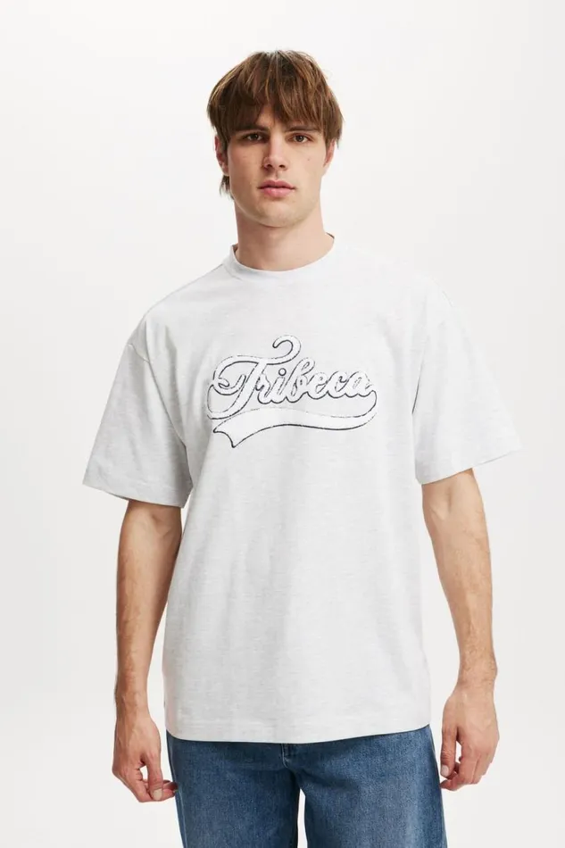 Cotton On Tees and Tanks Box Fit College TShirt White Marletribeca Script Navy 8211 Men