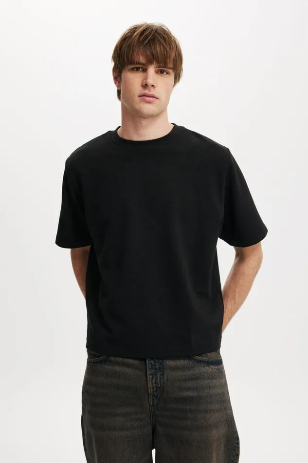 Cotton On Tees and Tanks Cropped Fit Textured TShirt Black Texture 8211 Men