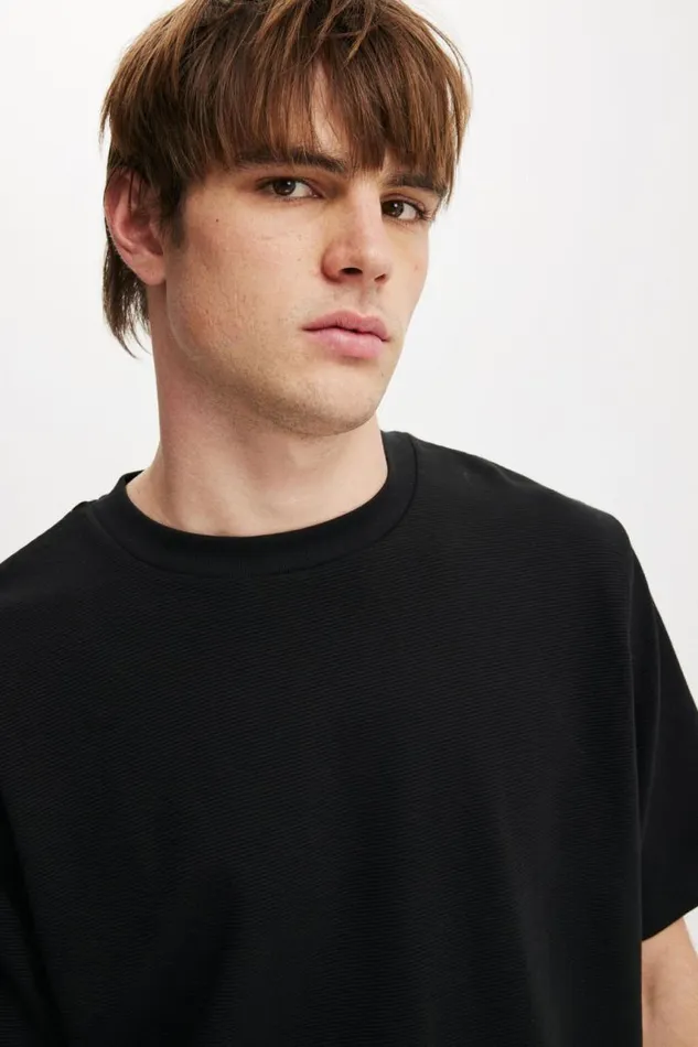 Cotton On Tees and Tanks Cropped Fit Textured TShirt Black Texture 8211 Men Cotton On Tees and Tanks Cropped Fit Textured TShirt Black Texture 8211 Men