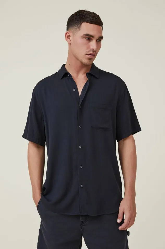 Cotton On Tees and Tanks Cuban Short Sleeve Shirt Washed Black 8211 Men