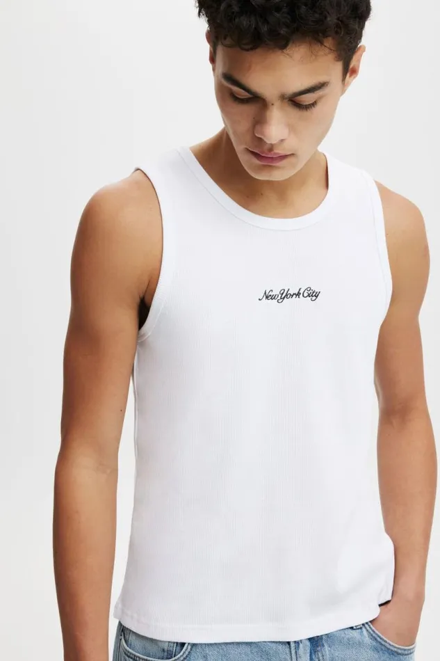 Cotton On Tees and Tanks Graphic Rib Tank White New York City Script 8211 Men Cotton On Tees and Tanks Graphic Rib Tank White New York City Script 8211 Men