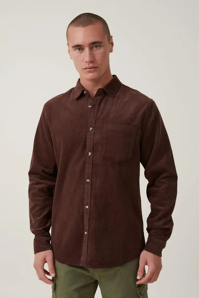 Cotton On Tees and Tanks Portland Long Sleeve Shirt Washed Chocolate Cord 8211 Men