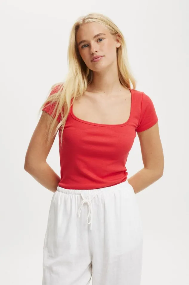 Cotton On Tops Byron Square Neck Short Sleeve Scarlet Red 8211 Women