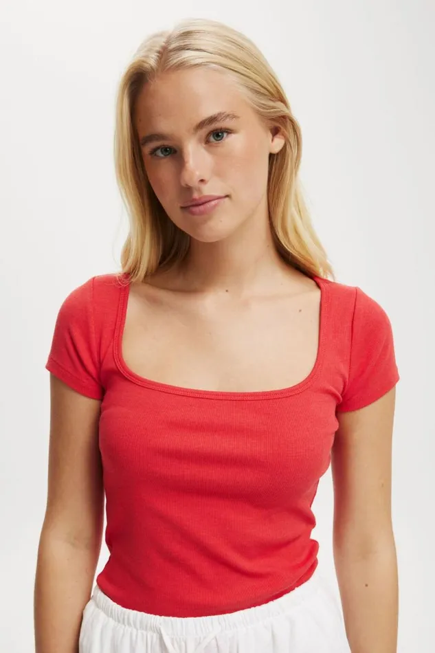 Cotton On Tops Byron Square Neck Short Sleeve Scarlet Red 8211 Women