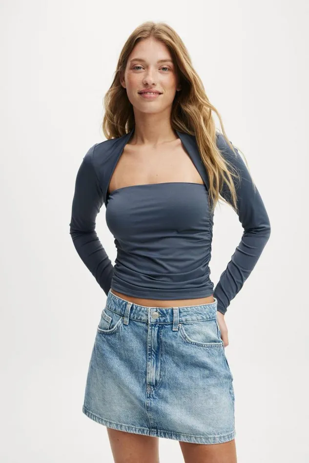 Cotton On Tops Ever Smooth Rouched Long Sleeve Top Blue Slate 8211 Women