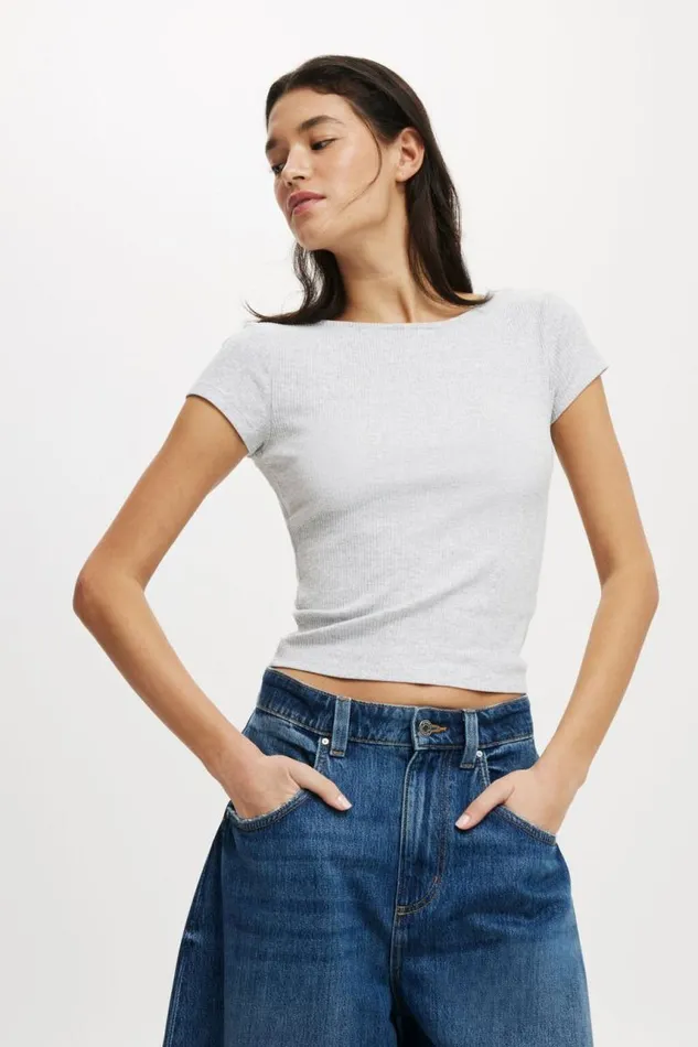 Cotton On Tops Mia Low Back Short Sleeve Top Grey Marle 8211 Women