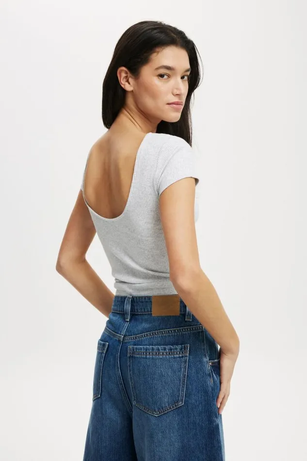 Cotton On Tops Mia Low Back Short Sleeve Top Grey Marle 8211 Women