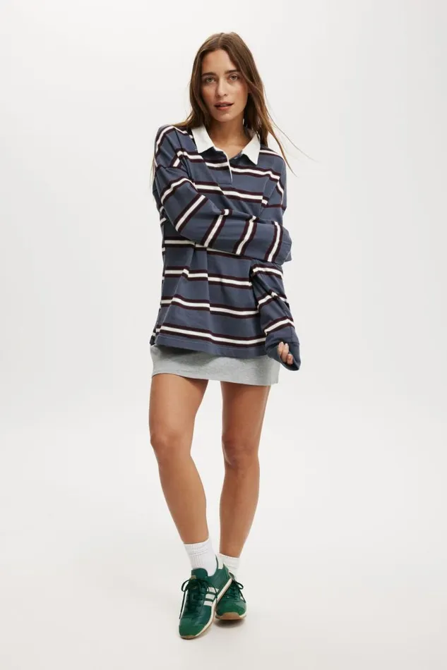 Cotton On Tops Oversized Long Sleeve Polo Slate Blue Stripe 8211 Women