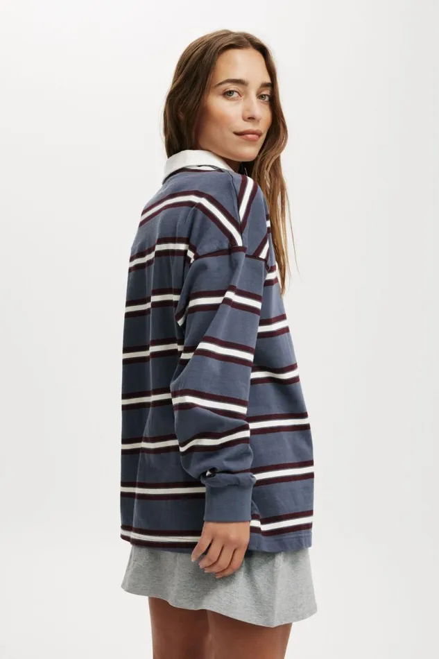 Cotton On Tops Oversized Long Sleeve Polo Slate Blue Stripe 8211 Women