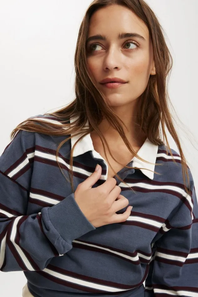 Cotton On Tops Oversized Long Sleeve Polo Slate Blue Stripe 8211 Women