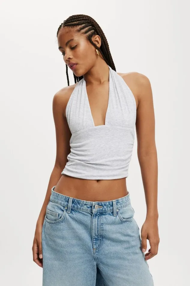 Cotton On Tops Staple Rib Rouched Halter Top Grey Marle 8211 Women