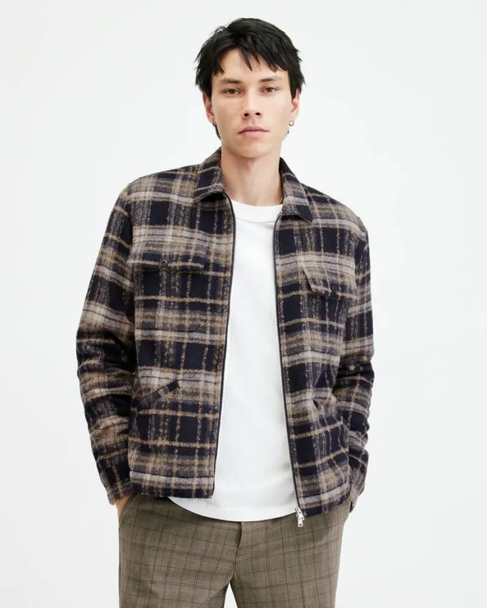Crosby Checked Zip Jacket Marine Blue Men AllSaints Jackets and Coats