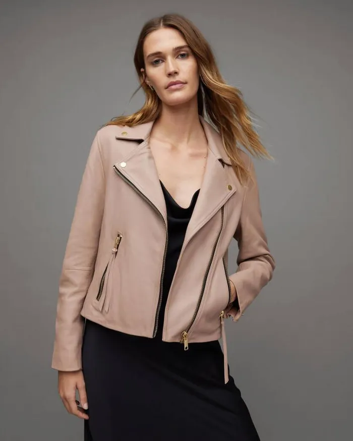 Dalby Slim Fit Leather Biker Jacket Earth Pink Women AllSaints Leather Jackets