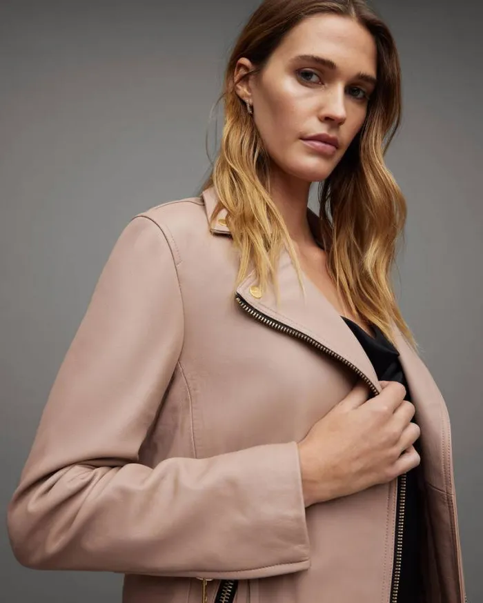 Dalby Slim Fit Leather Biker Jacket Earth Pink Women AllSaints Leather Jackets Dalby Slim Fit Leather Biker Jacket Earth Pink Women AllSaints Leather Jackets