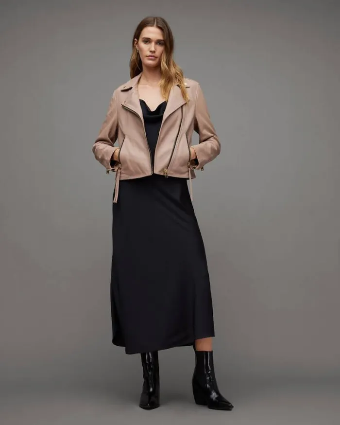 Dalby Slim Fit Leather Biker Jacket Earth Pink Women AllSaints Leather Jackets Dalby Slim Fit Leather Biker Jacket Earth Pink Women AllSaints Leather Jackets