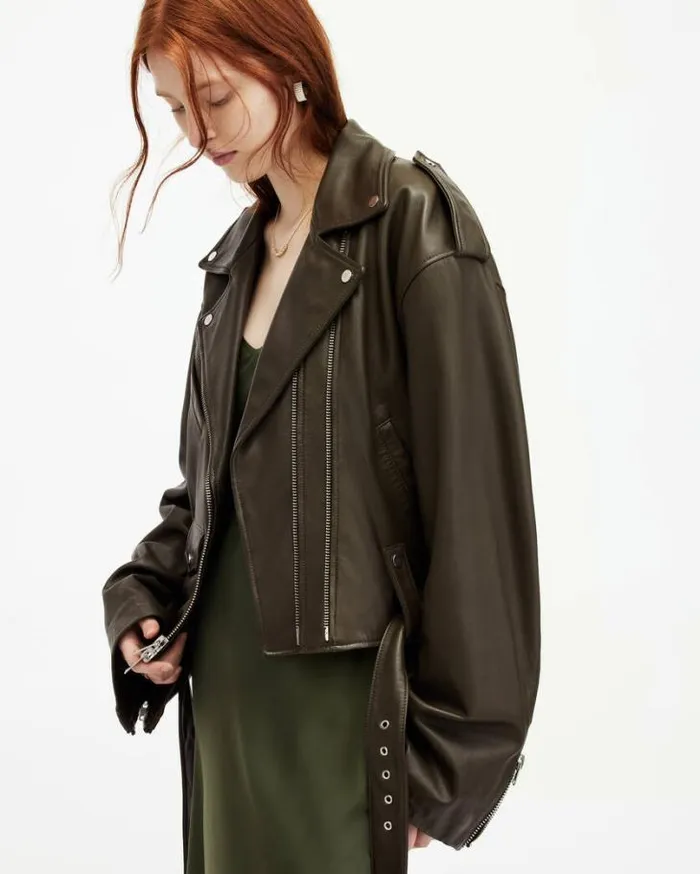 Dayle Oversized Leather Biker Jacket Army Green Women AllSaints Jackets and Coats