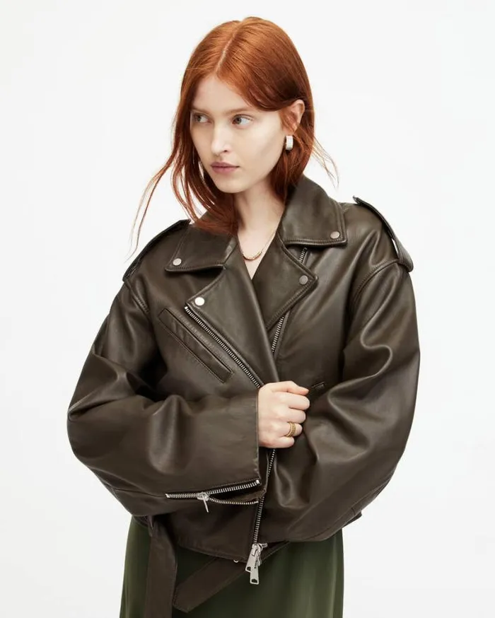 Dayle Oversized Leather Biker Jacket Army Green Women AllSaints Jackets and Coats Dayle Oversized Leather Biker Jacket Army Green Women AllSaints Jackets and Coats