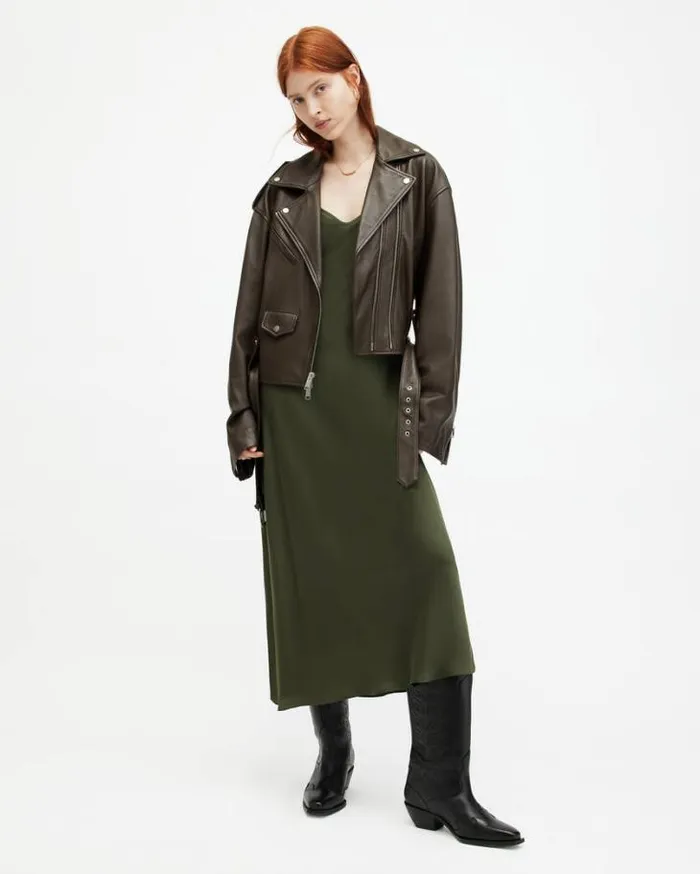 Dayle Oversized Leather Biker Jacket Army Green Women AllSaints Jackets and Coats Dayle Oversized Leather Biker Jacket Army Green Women AllSaints Jackets and Coats