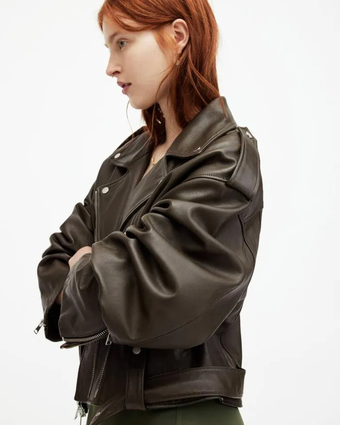 Dayle Oversized Leather Biker Jacket Army Green Women AllSaints Jackets and Coats Dayle Oversized Leather Biker Jacket Army Green Women AllSaints Jackets and Coats