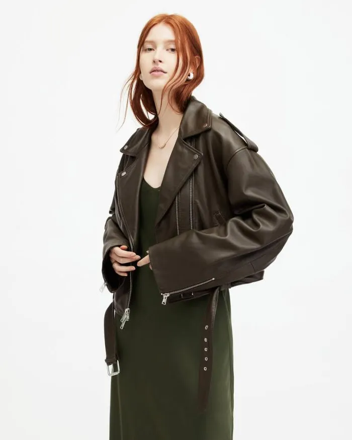 Dayle Oversized Leather Biker Jacket Army Green Women AllSaints Jackets and Coats Dayle Oversized Leather Biker Jacket Army Green Women AllSaints Jackets and Coats