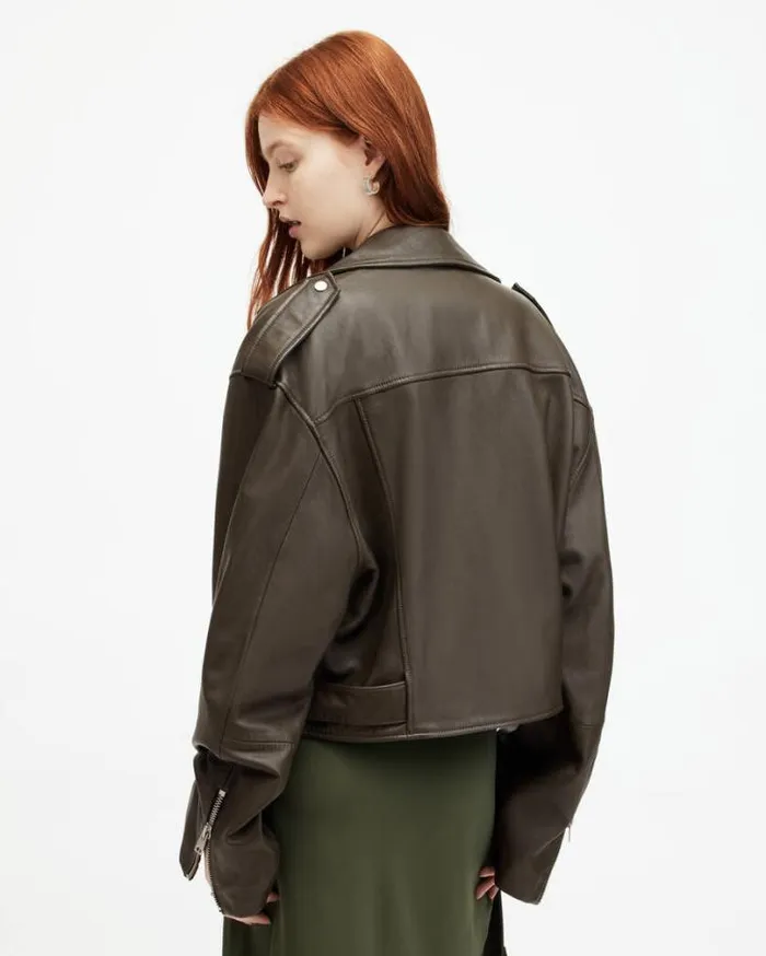 Dayle Oversized Leather Biker Jacket Army Green Women AllSaints Jackets and Coats Dayle Oversized Leather Biker Jacket Army Green Women AllSaints Jackets and Coats