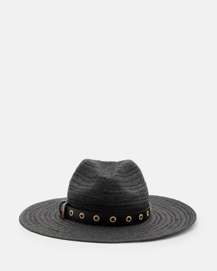 Delilah Straw Fedora Eyelet Hat Black Women AllSaints Swimwear and Beachwear