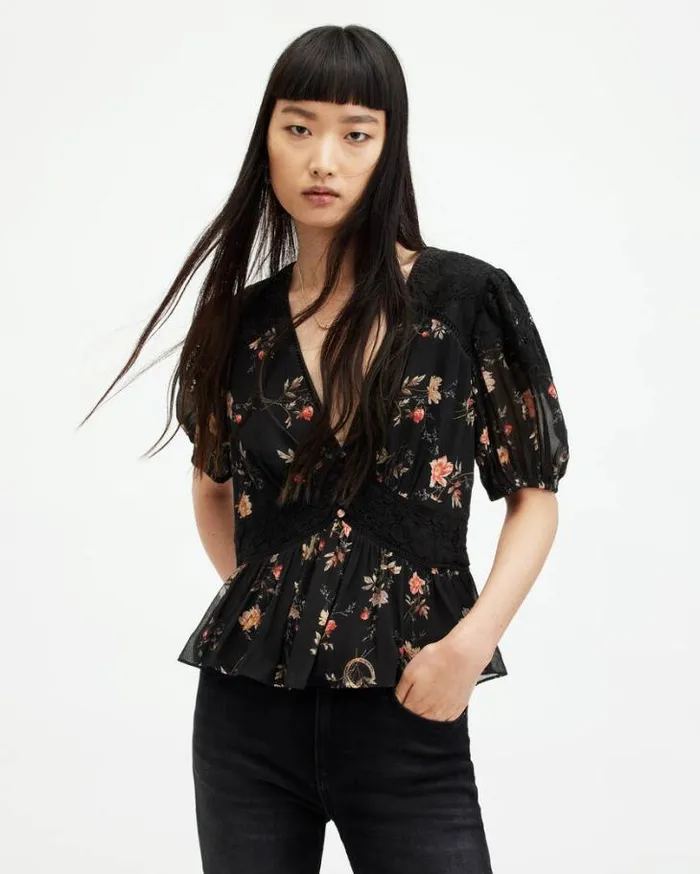 Dinah Tanana Puff Sleeve Lace Trim Top Black Women AllSaints Tops and Shirts