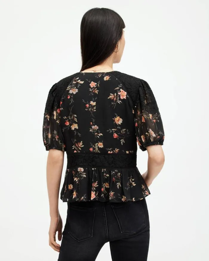 Dinah Tanana Puff Sleeve Lace Trim Top Black Women AllSaints Tops and Shirts Dinah Tanana Puff Sleeve Lace Trim Top Black Women AllSaints Tops and Shirts
