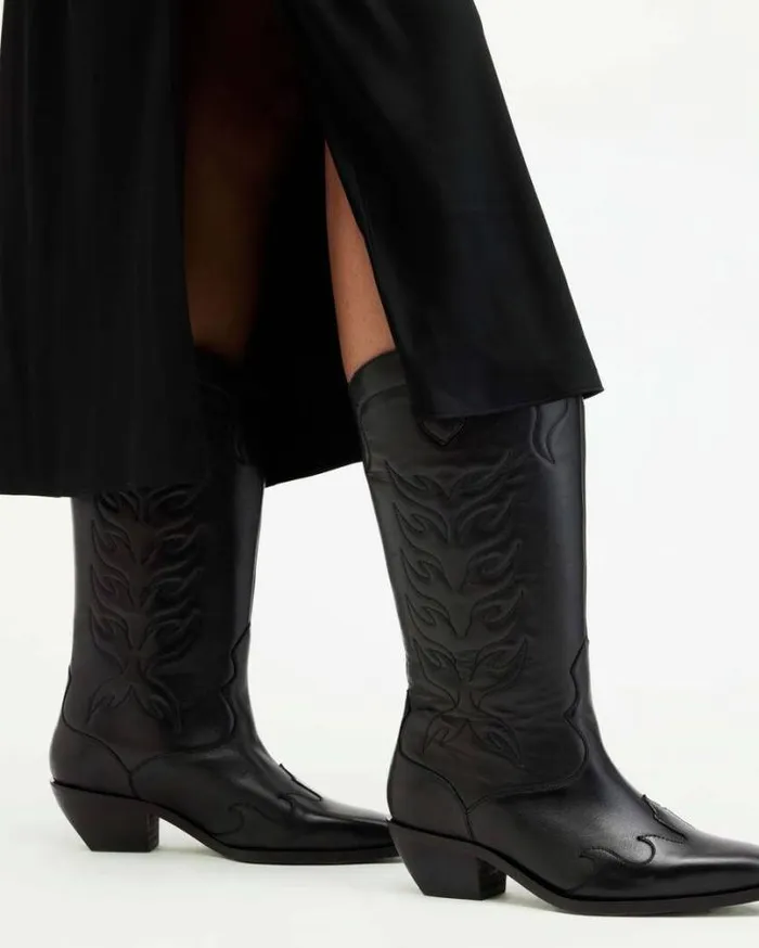 Dolly Western Leather Boots Black Women AllSaints Shoes and Boots