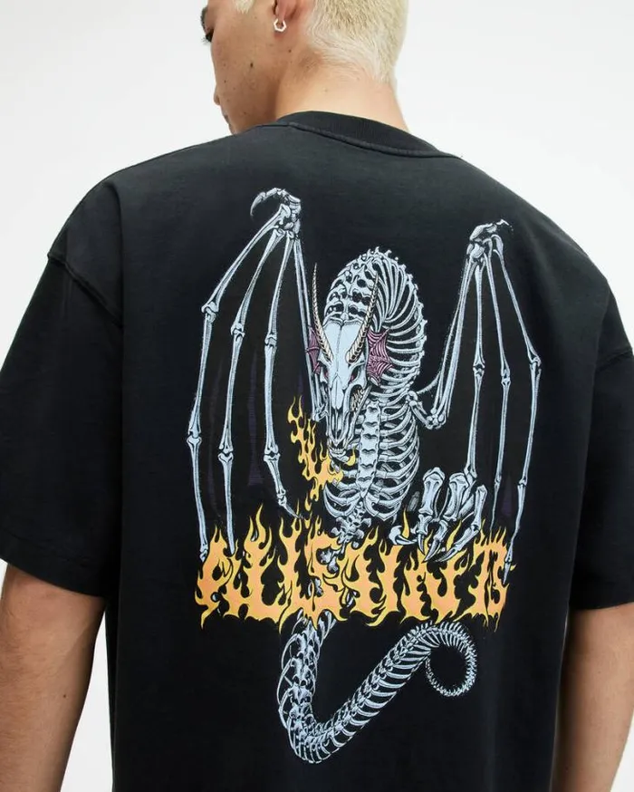 Dragon Skull Printed Oversized TShirt Washed Black Men AllSaints TShirts