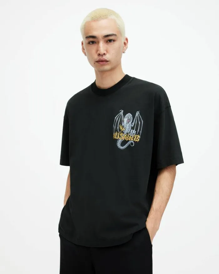 Dragon Skull Printed Oversized TShirt Washed Black Men AllSaints TShirts