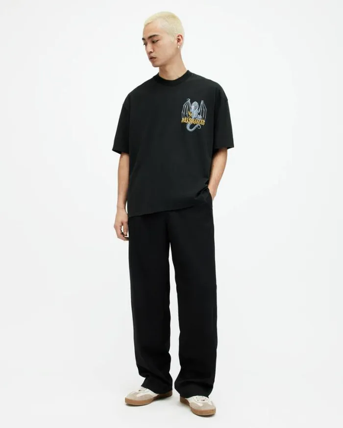 Dragon Skull Printed Oversized TShirt Washed Black Men AllSaints TShirts