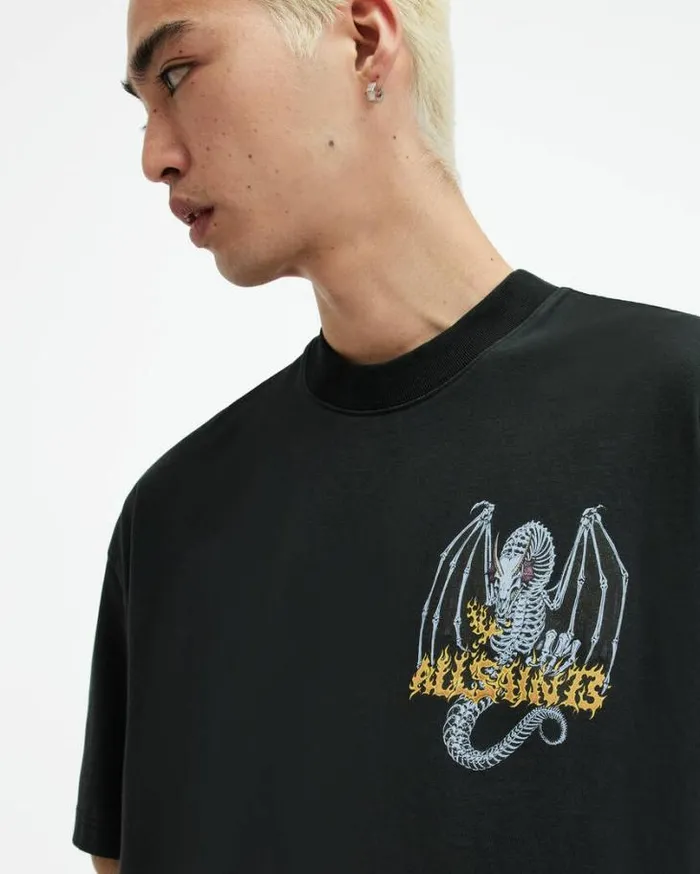 Dragon Skull Printed Oversized TShirt Washed Black Men AllSaints TShirts