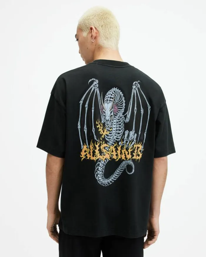 Dragon Skull Printed Oversized TShirt Washed Black Men AllSaints TShirts