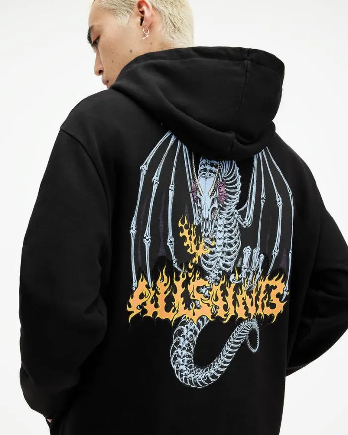 Dragon Skull Pullover Hoodie Jet Black Men AllSaints Sweatshirts and Hoodies