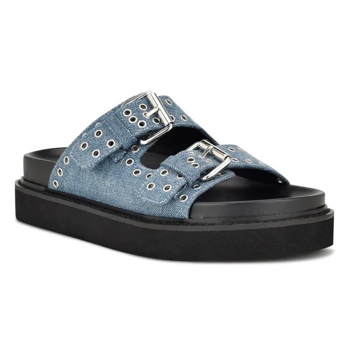 Eleny Buckle Slide Sandals Denim Women Nine West Low Heel Eleny Buckle Slide Sandals Denim Women Nine West Low Heel