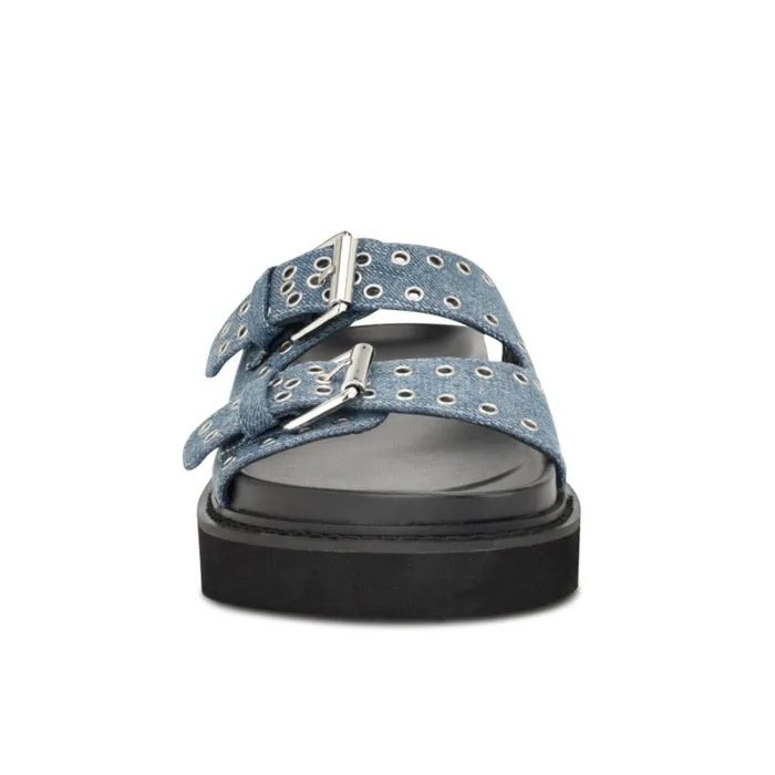 Eleny Buckle Slide Sandals Denim Women Nine West Low Heel Eleny Buckle Slide Sandals Denim Women Nine West Low Heel