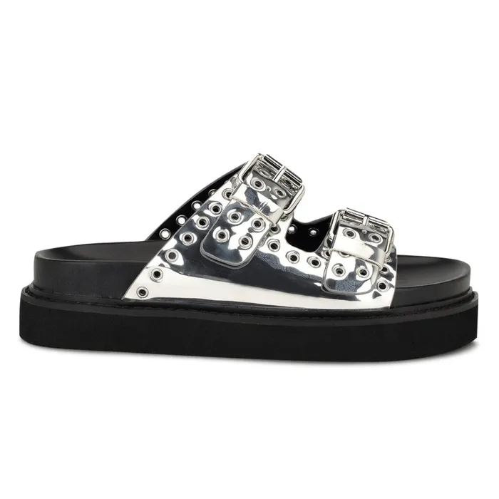 Eleny Buckle Slide Sandals Silver Women Nine West Flats
