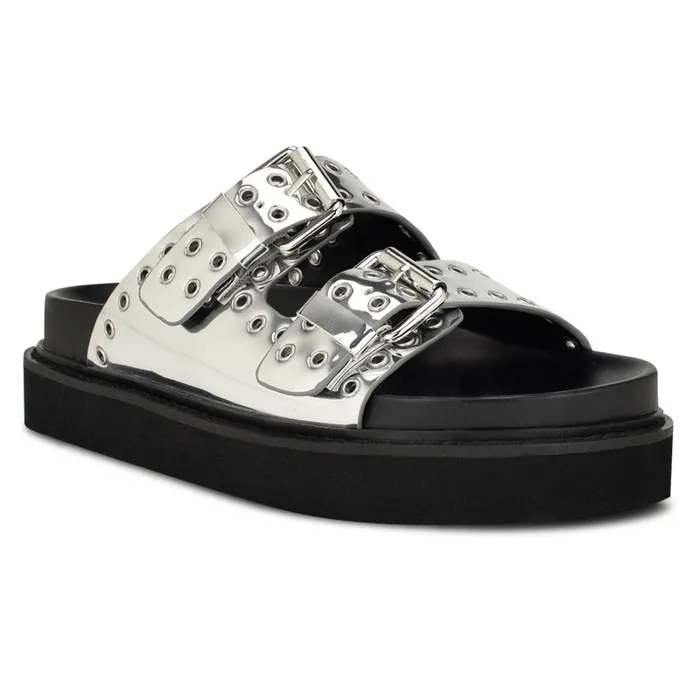 Eleny Buckle Slide Sandals Silver Women Nine West Sandals Eleny Buckle Slide Sandals Silver Women Nine West Sandals