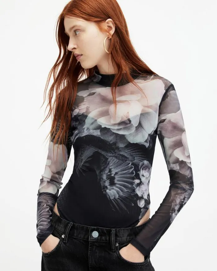 Elia Mesh Valley Print Bodysuit Black Mono Women AllSaints TShirts
