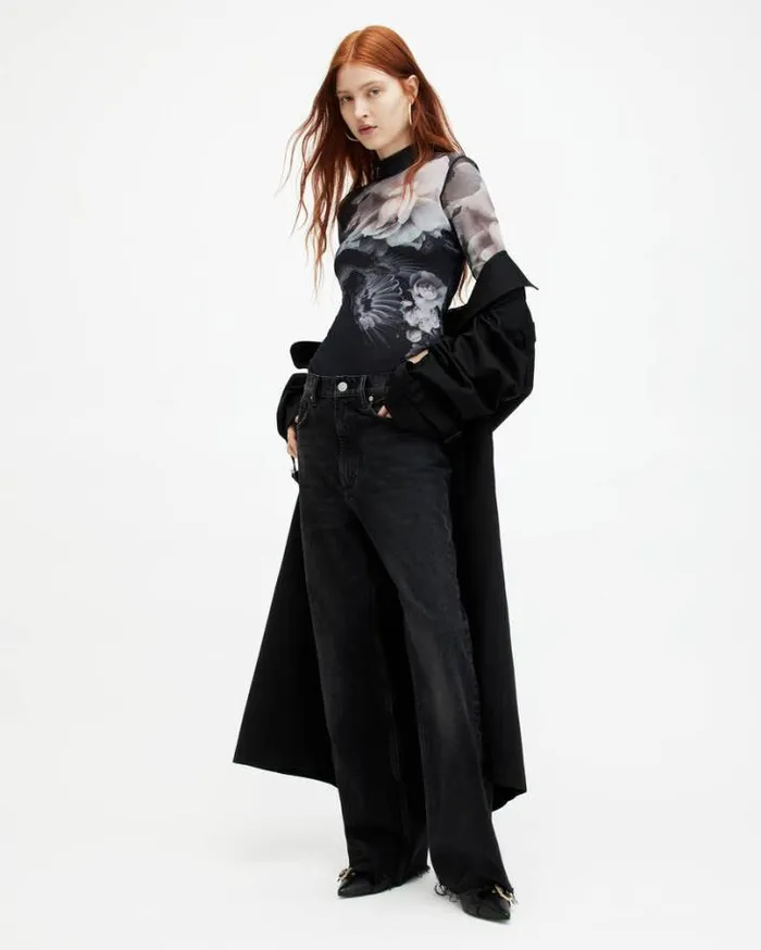 Elia Mesh Valley Print Bodysuit Black Mono Women AllSaints TShirts