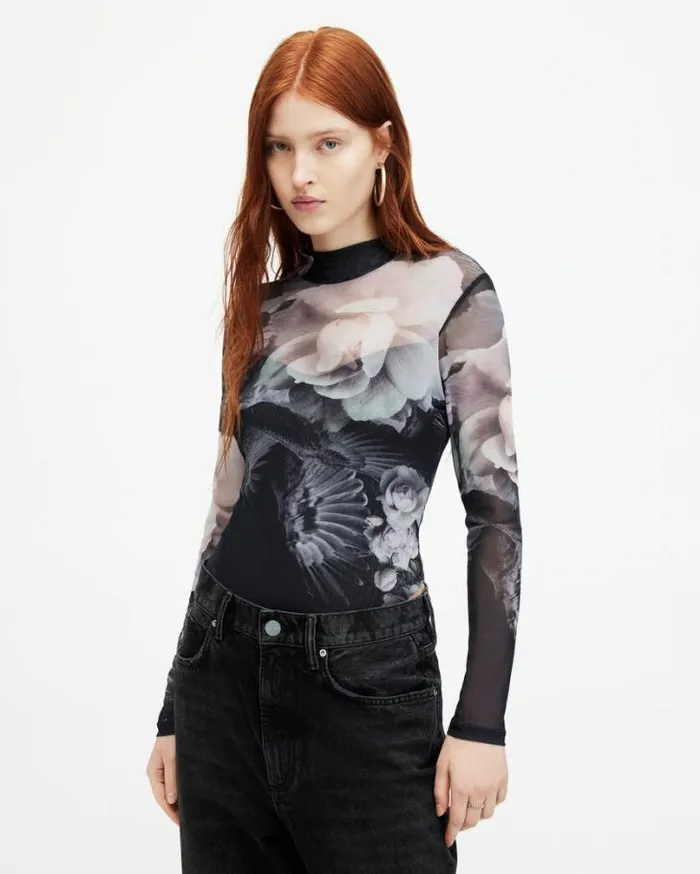 Elia Mesh Valley Print Bodysuit Black Mono Women AllSaints TShirts