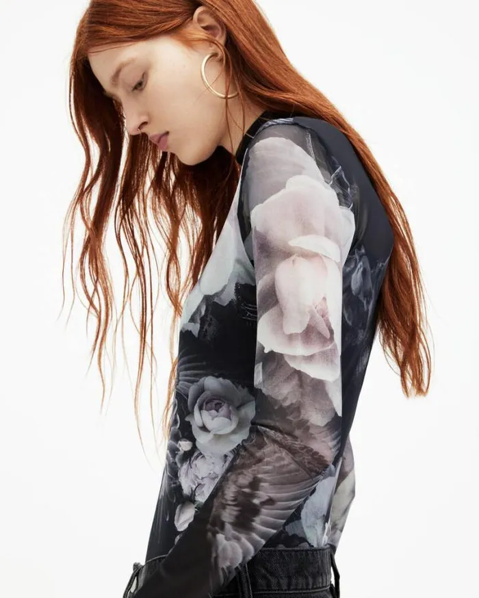 Elia Mesh Valley Print Bodysuit Black Mono Women AllSaints TShirts