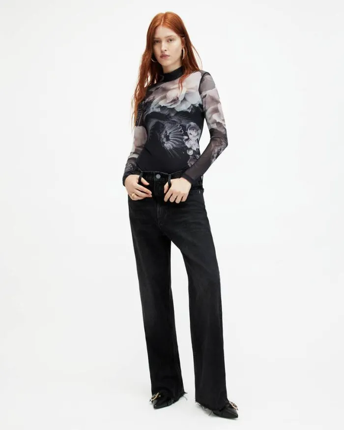 Elia Mesh Valley Print Bodysuit Black Mono Women AllSaints TShirts