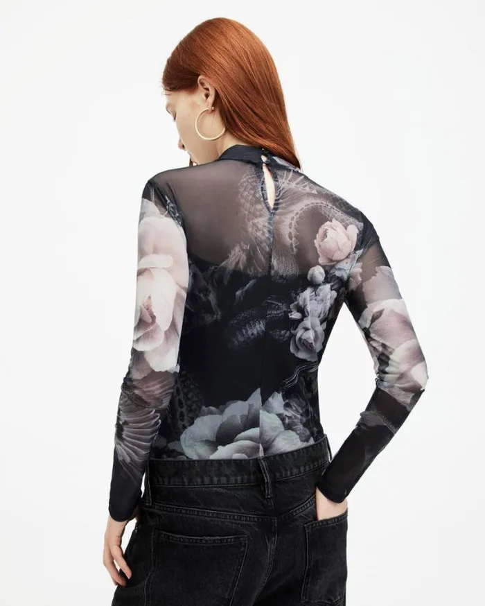 Elia Mesh Valley Print Bodysuit Black Mono Women AllSaints TShirts