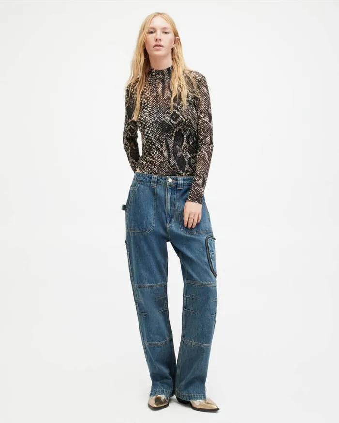 Elia Mesh Waima Snake Print Bodysuit Black Women AllSaints Tops and Shirts