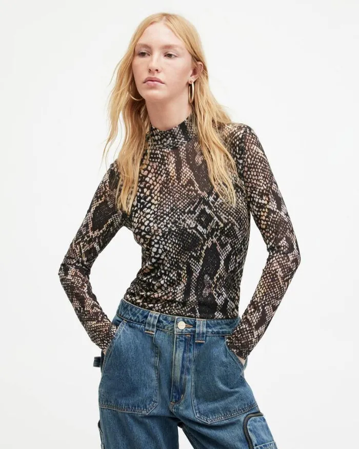 Elia Mesh Waima Snake Print Bodysuit Black Women AllSaints Tops and Shirts