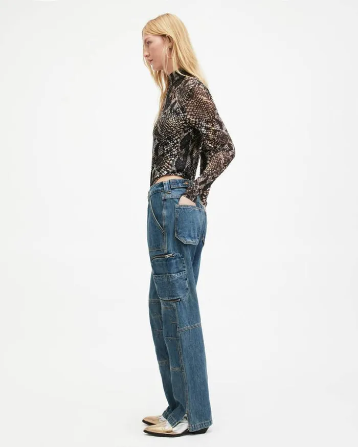 Elia Mesh Waima Snake Print Bodysuit Black Women AllSaints Tops and Shirts