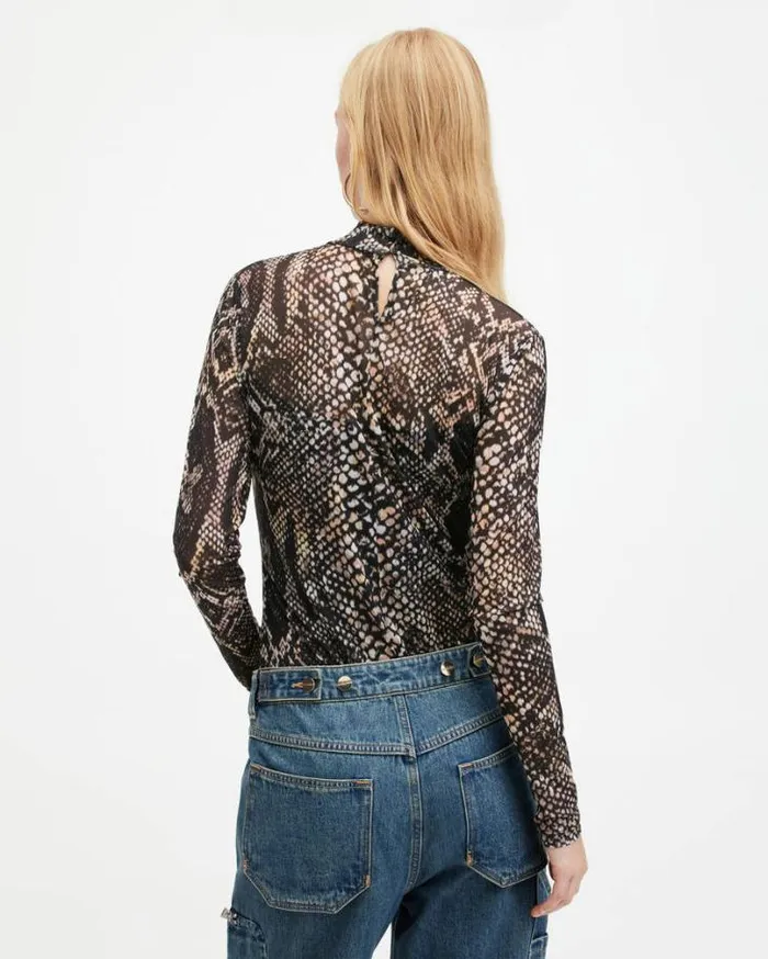 Elia Mesh Waima Snake Print Bodysuit Black Women AllSaints Tops and Shirts
